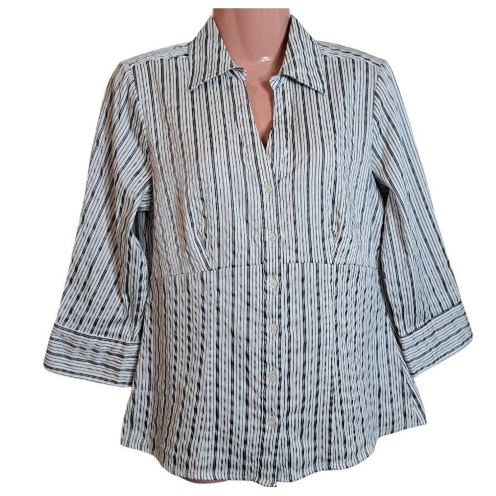 Fred‎ David Women's Blouse/Collared Shirt M White/Dark Gray Striped 3/4 Sleeves